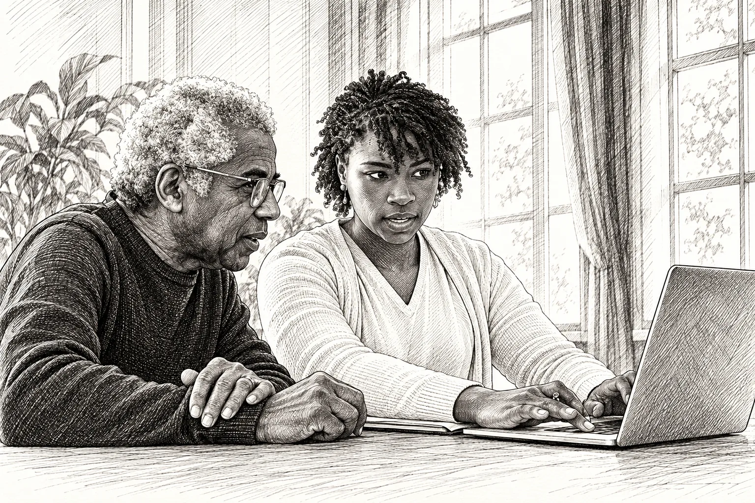 Pen-and-ink drawing of an older man and a younger woman learning together at a laptop.